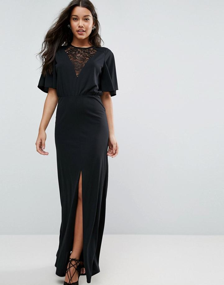 Asos Kimono Sleeve With Lace Insert Maxi Dress - Black