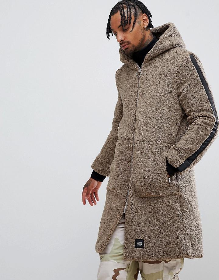 Sixth June Hooded Coat In Borg - Beige