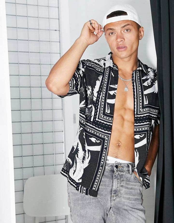 River Island Short Sleeve Mono Floral Print Shirt In Black