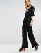 Fashion Union V-neck Jumpsuit In Plisse - Black