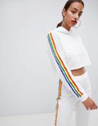 Boohoo Rainbow Stripe Crop Hoodie - White