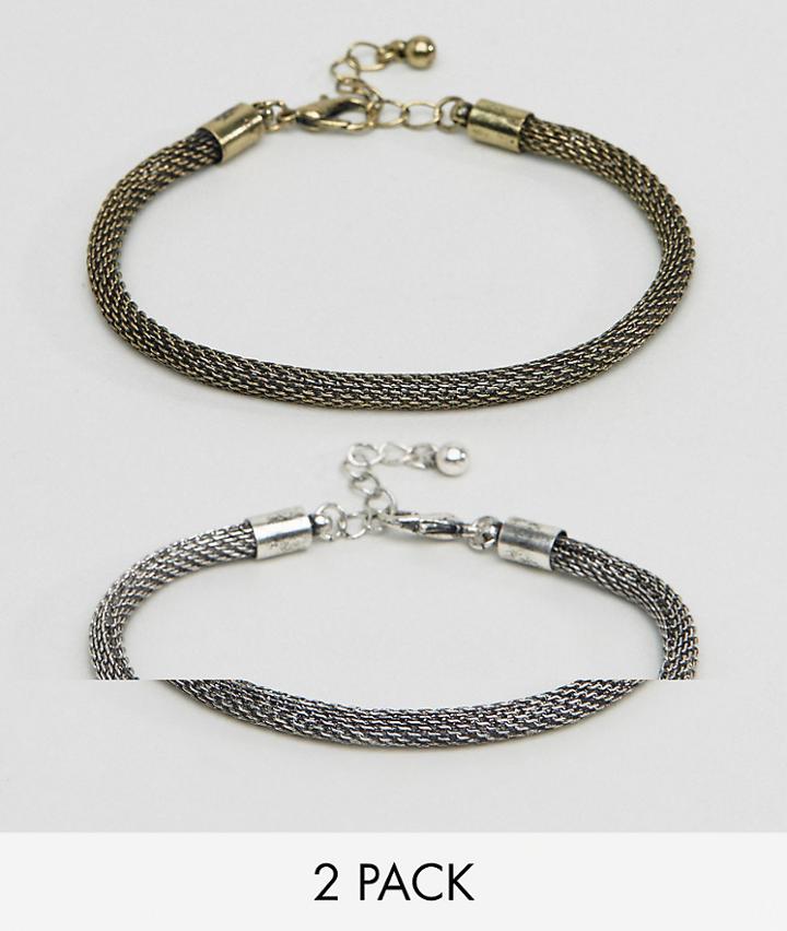 Asos Mesh Chain Bracelet Pack In Burnished Gold And Silver - Multi
