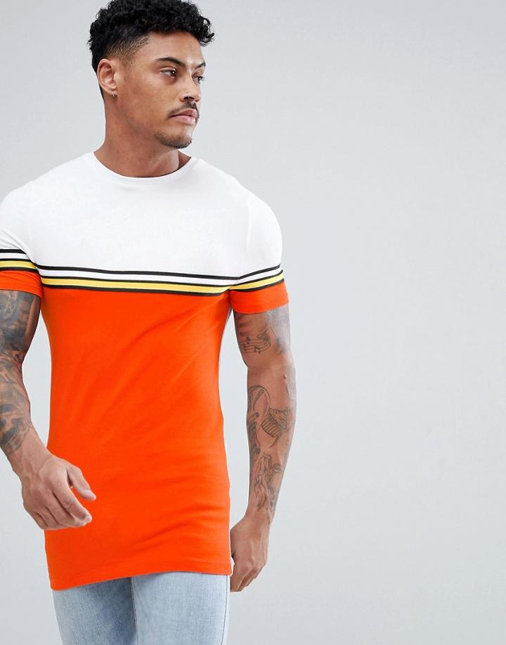 Asos Design Muscle Longline T-shirt With Bright Color Block And Taping In Orange - Red