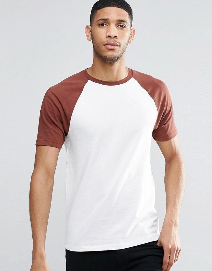 Asos Muscle T-shirt With Contrast Raglan Sleeves In Ecru/rust - White