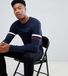 Asos Design Tall Muscle T-shirt With Contrast Sleeve Panels In Navy - Navy