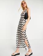 Asos Design Crochet Strappy Maxi Dress In Cream And Black Chevron-multi