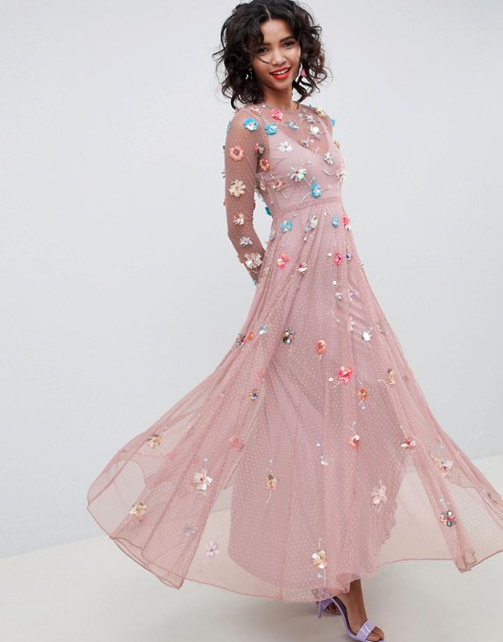 Asos Edition 3d Embellished Maxi Dress In Dobby Spot - Purple
