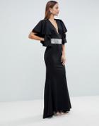Asos Edition Deep Plunge Scuba Ruffle Sleeve Maxi Dress With Detachable Belt-black