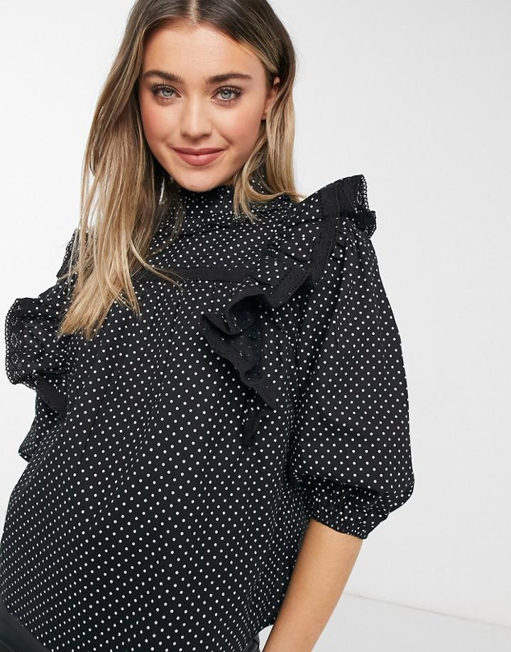 Influence High Neck Ruffle Detail Polka Dot Blouse In Black