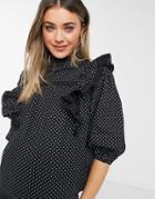 Influence High Neck Ruffle Detail Polka Dot Blouse In Black