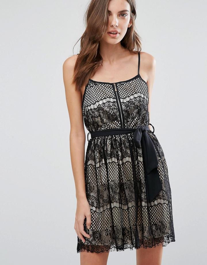 Qed London Lace Overlay Skater Dress - Black
