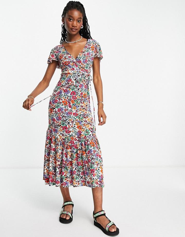 Qed London Flutter Sleeve Midaxi Wrap Dress In Multi Floral Print