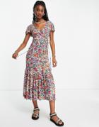 Qed London Flutter Sleeve Midaxi Wrap Dress In Multi Floral Print