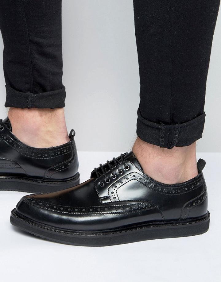 Asos Brothel Creepers In Black Leather With Brogue Detailing - Black