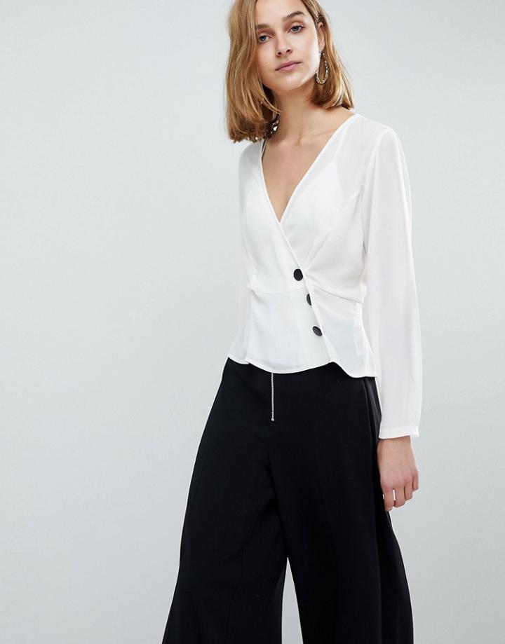 Asos Wrap Top With Contrast Button Detail - Cream