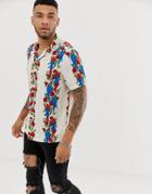 Asos Design Regular Fit Shirt In Parrot Print With Revere Collar - Cream