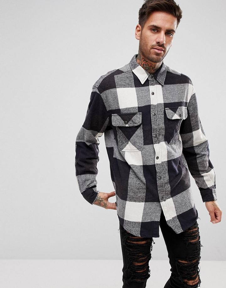 Pull & Bear Oversized Flannel Check Shirt In Black - Black