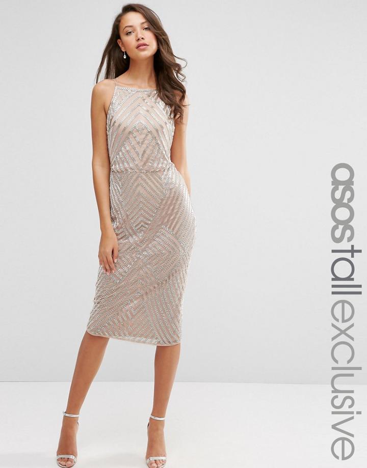 Asos Tall Pencil Dress With Embellished Chevron - Nude