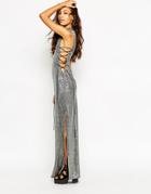 Jaded London Metallic Maxi Dress With High Neck & Sexy Thigh Split With Lace Up - Silver
