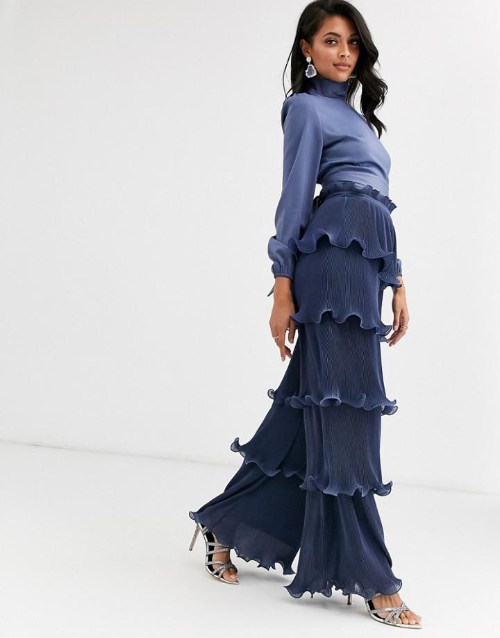 True Decadence High Waist Multi Tiered Pants With Ruffle Trim In Dark Blue - Blue