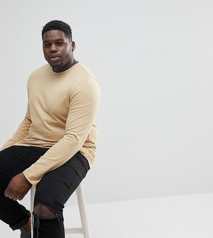 Asos Plus Long Sleeve T-shirt With Crew Neck In Beige - Beige