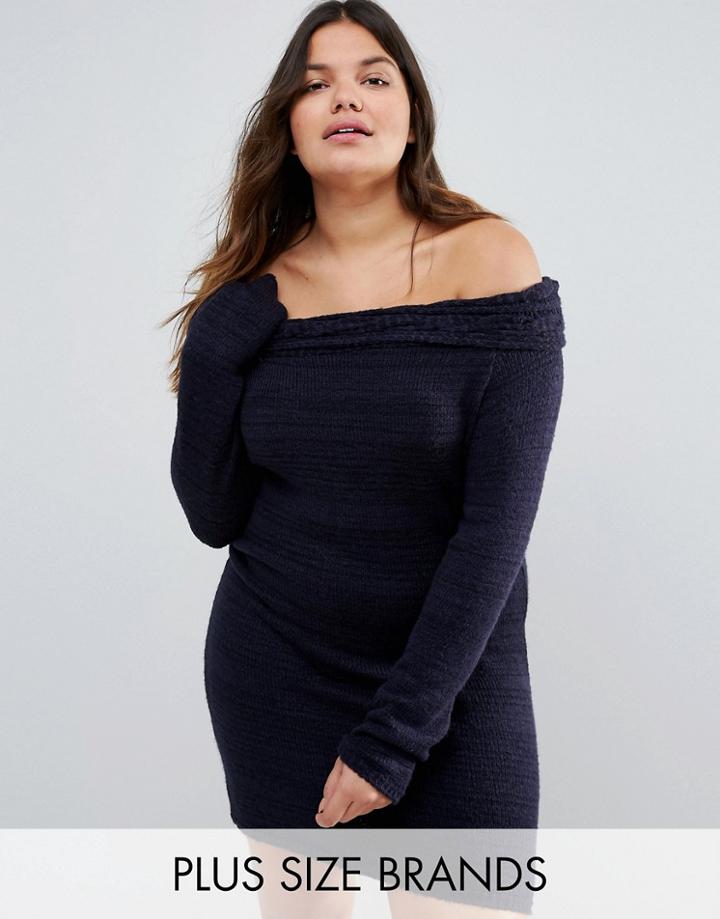 Club L Plus Knit Bardot Cable Sweater Dress - Navy