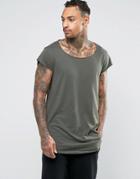 Asos Super Longline T-shirt With Cap Sleeve And Curved Hem In Green - Green