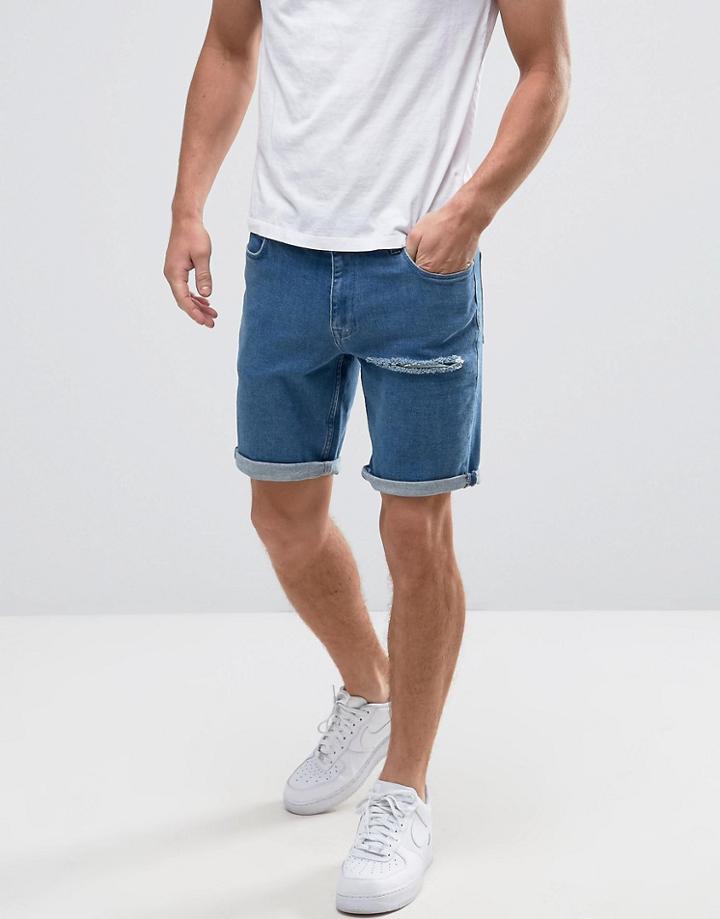 Asos Denim Shorts In Skinny Retro Blue With Thigh Rip - Blue