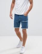 Asos Denim Shorts In Skinny Retro Blue With Thigh Rip - Blue