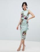 True Violet Bow Back Sleeveless Midi Bodycon Dress In Floral Print - Multi