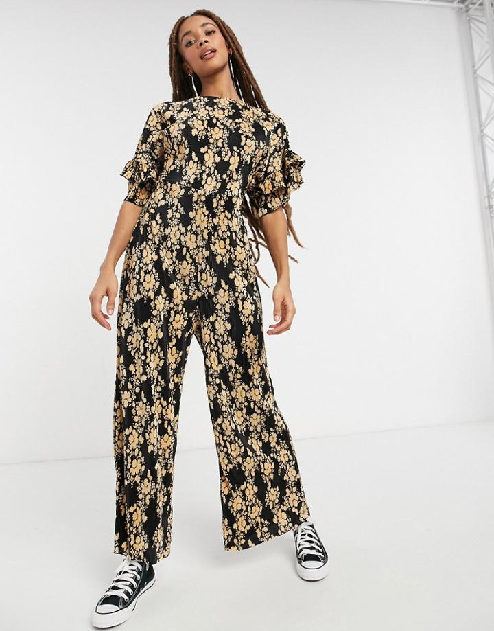 Asos Design Frill Back And Sleeve Plisse Tea Jumpsuit In Mustard Floral-multi