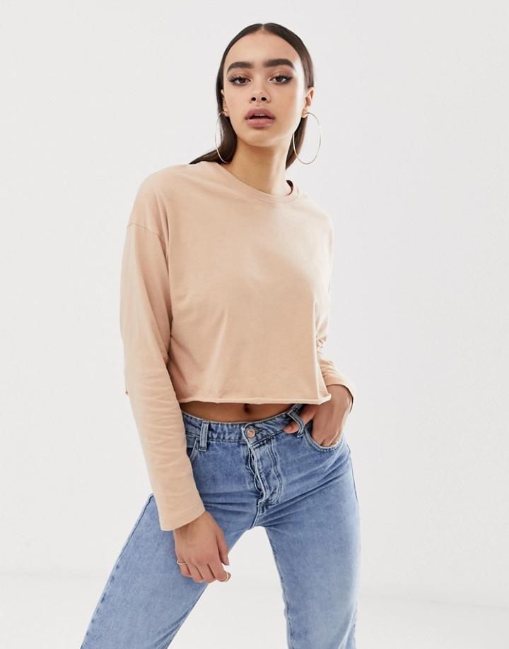 Asos Design Crop Boxy T-shirt With Long Sleeves In Beige - Cream