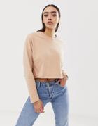 Asos Design Crop Boxy T-shirt With Long Sleeves In Beige - Cream