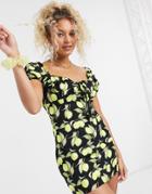 Glamorous Milk Maid Mini Dress With Ruched Bust In Lemon Print-black