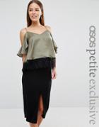 Asos Petite Cold Shoulder Satin Cami With Lace Hem - Green