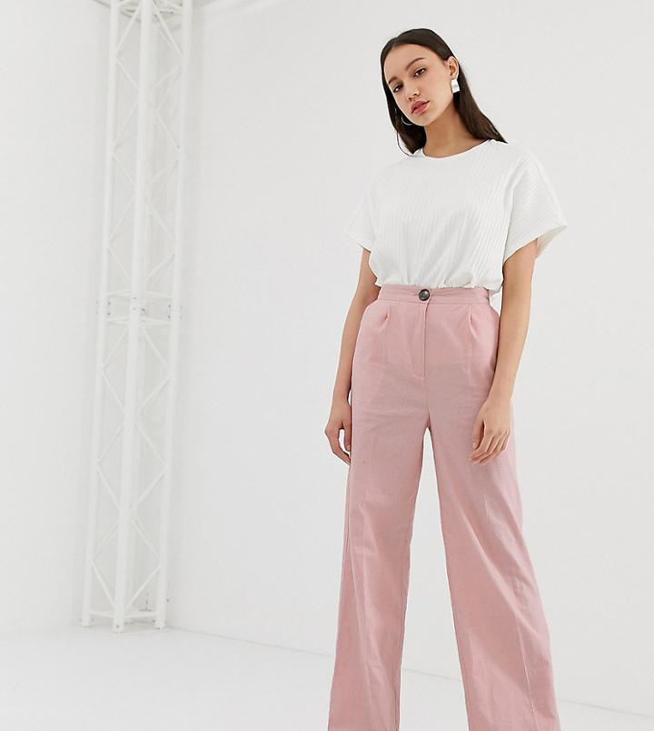 Asos Design Tall Linen Wide Leg With Contrast Button-pink