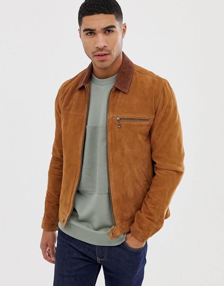 Asos Design Suede Zip Through Jacket In Tan - Tan