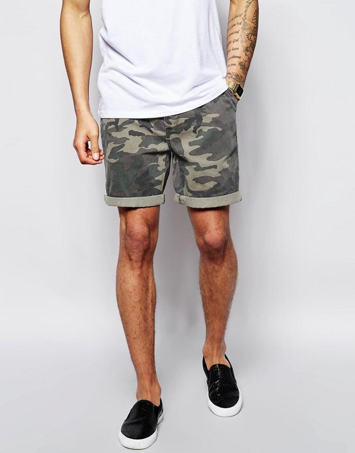 Asos Chino Shorts With Camo Print - Green