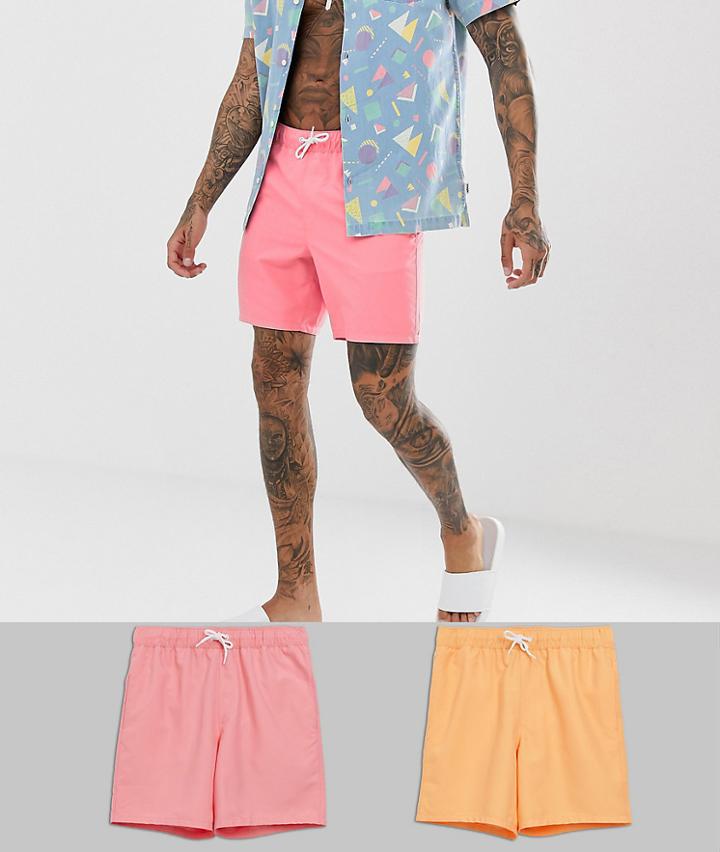 Asos Design Swim Shorts 2 Pack In Pink & Orange In Mid Length Multipack Saving