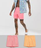 Asos Design Swim Shorts 2 Pack In Pink & Orange In Mid Length Multipack Saving