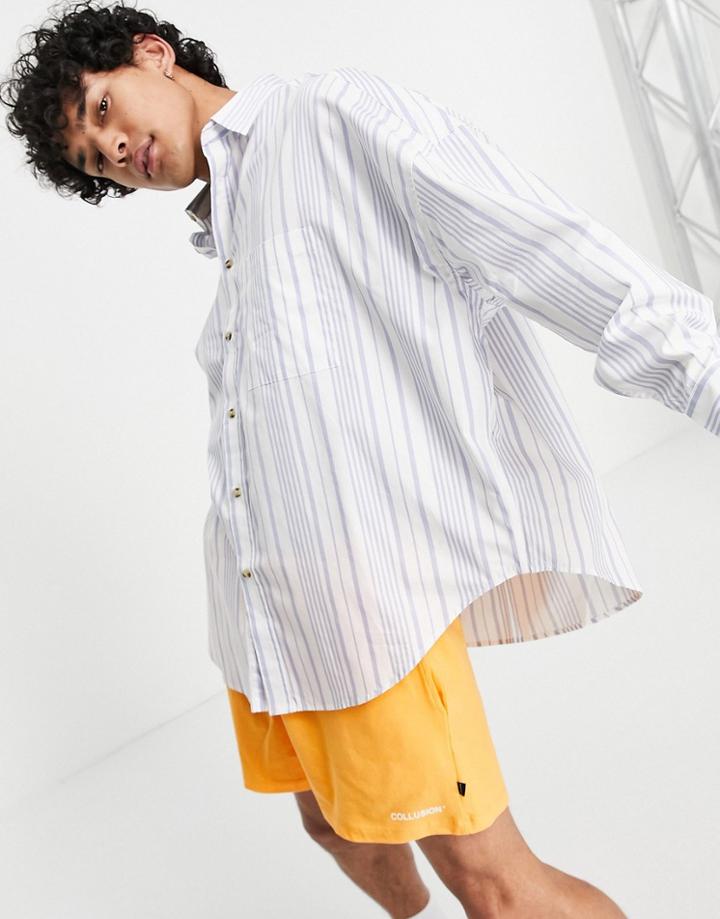 Asos Design Extreme Oversized Shirt In Navy Stripe With Curved Hem-white