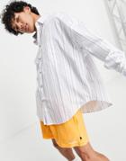 Asos Design Extreme Oversized Shirt In Navy Stripe With Curved Hem-white