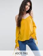 Asos Tall Cold Shoulder Top With Cuff And Tie - Yellow