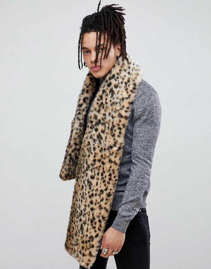 Asos Design Faux Fur Scarf In Leopard - Black