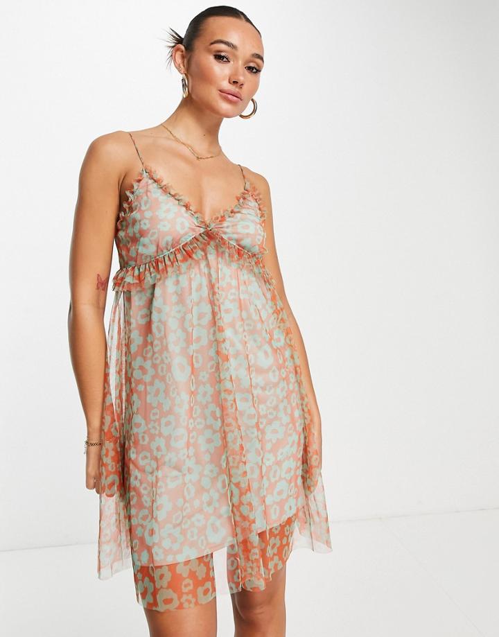 River Island Mesh Ruffle Cami Mini Dress In Orange Floral