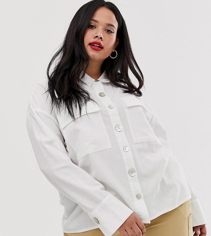 Neon Rose Plus Shirt With Patch Pockets And Mis Match Buttons-white