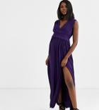 Asos Design Maternity Premium Lace Insert Pleated Maxi Dress-purple