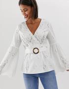 Asos Design Long Sleeve Broderie Wrap Top With Flares Sleeves - White