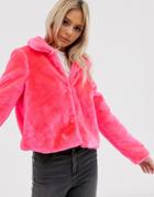 Brave Soul Rome Neon Cropped Faux Fur Jacket-pink