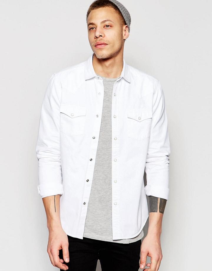 Asos Western Denim Shirt In White In Regular Fit - White
